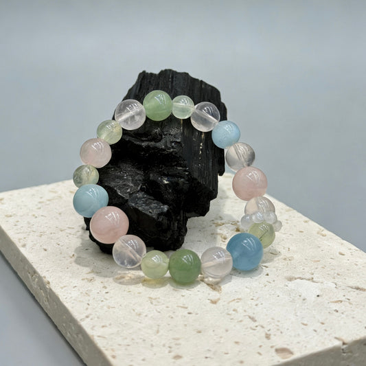 Rose Quartz, Aquamarine, Aventurine Jade, Prehnite & Blue Moonstone Bracelet - Whispers of Renewal