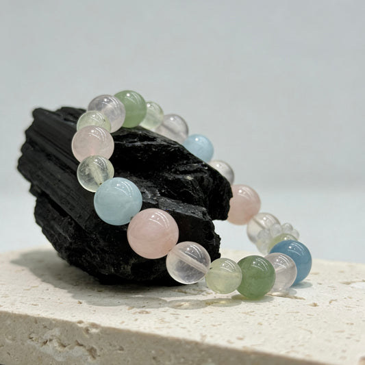Rose Quartz, Aquamarine, Aventurine Jade, Prehnite & Blue Moonstone Bracelet - Whispers of Renewal