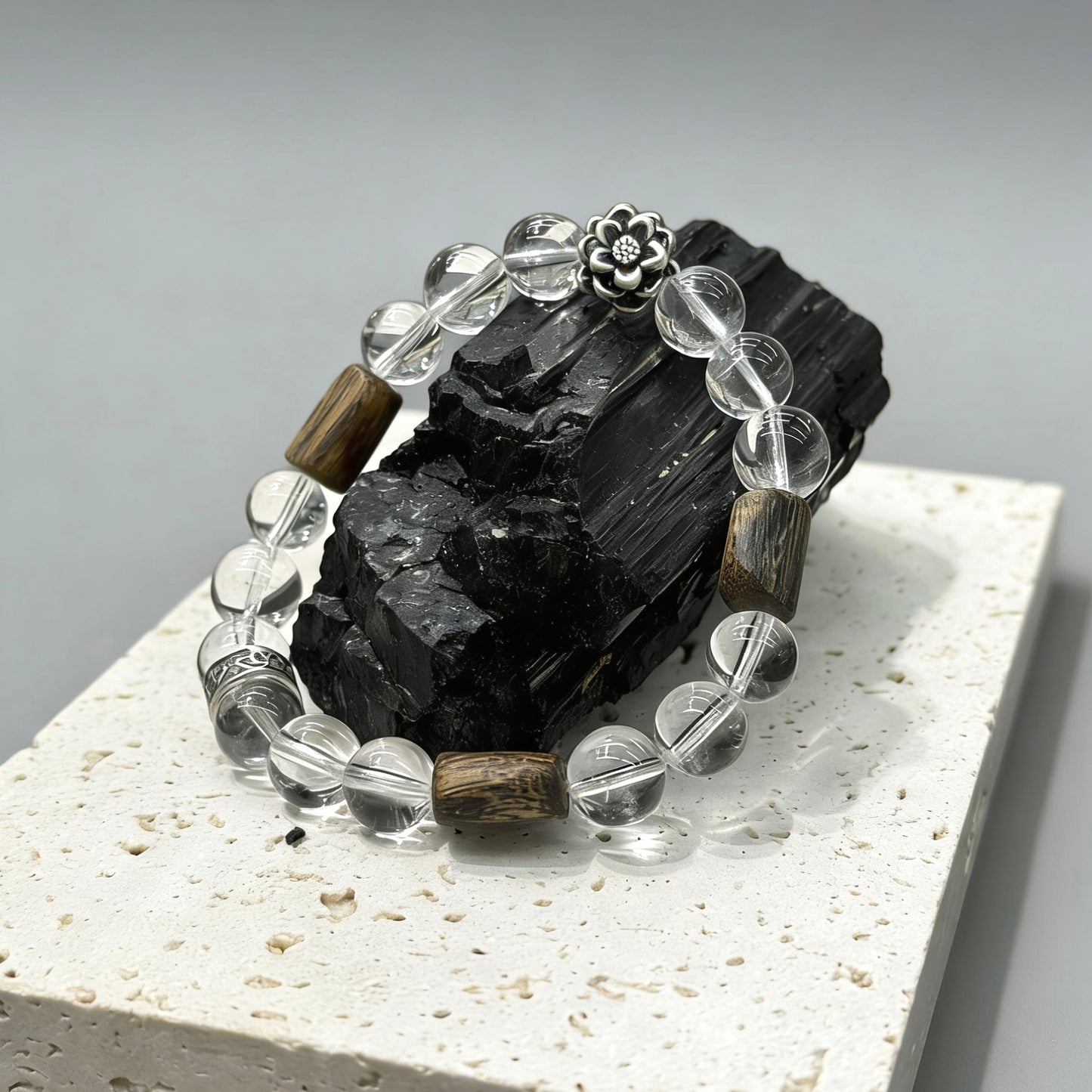 Clear Quartz, Agarwood, Vintage s925 Silver Bracelet - Lotus Serenity