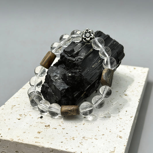 Clear Quartz, Agarwood, Vintage s925 Silver Bracelet - Lotus Serenity