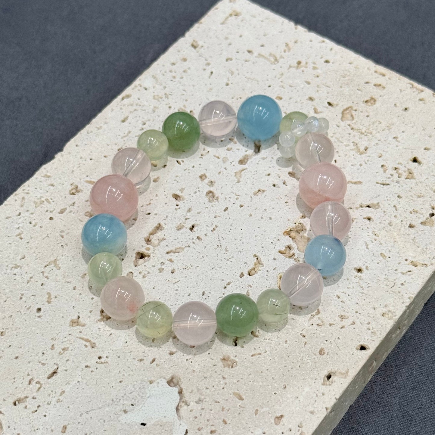 Rose Quartz, Aquamarine, Aventurine Jade, Prehnite & Blue Moonstone Bracelet - Whispers of Renewal