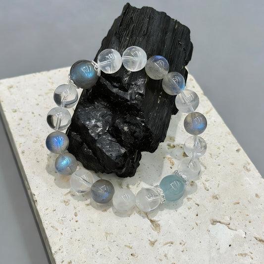 Grey Moonstone, White Phantom, Blue Moonstone & Aquamarine Bracelet - Ocean Veil
