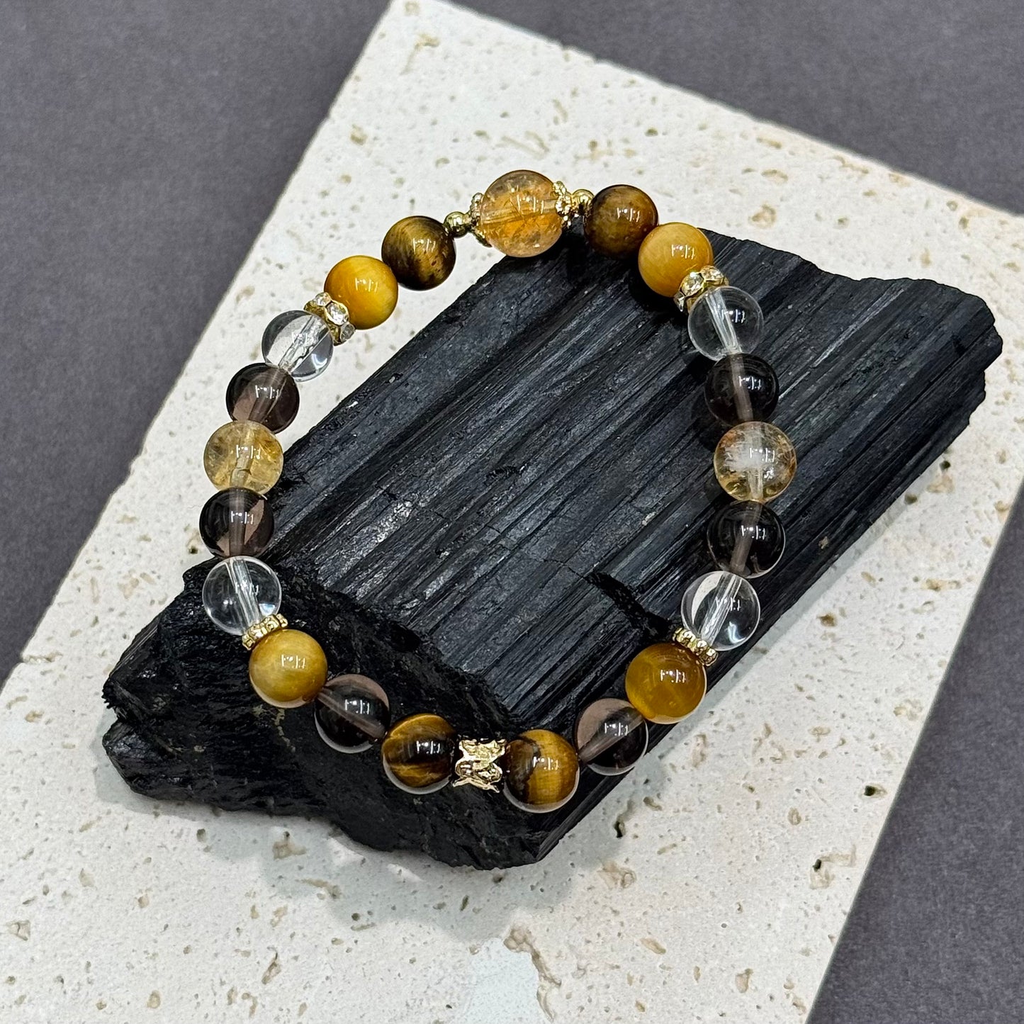 Citrine, Yellow & Golden Tiger’s Eye, Clear Quartz & Ice Obsidian Bracelet -  Earthlight