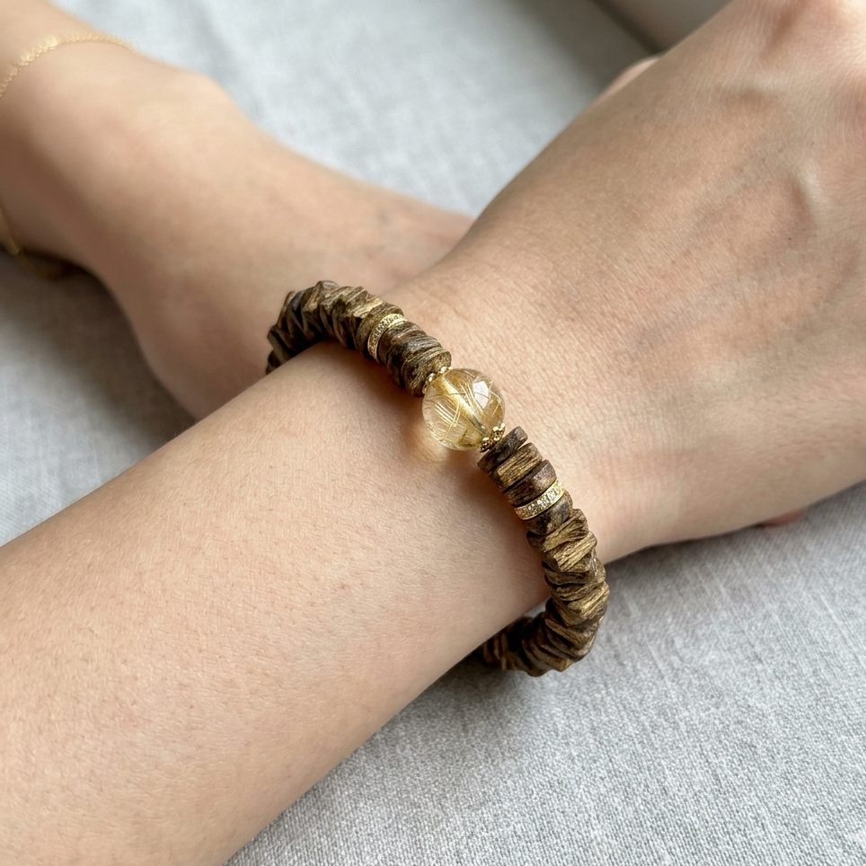 Agarwood, Golden Rutilated Quartz & S925 Silver Bracelet - Wealth & Grounding