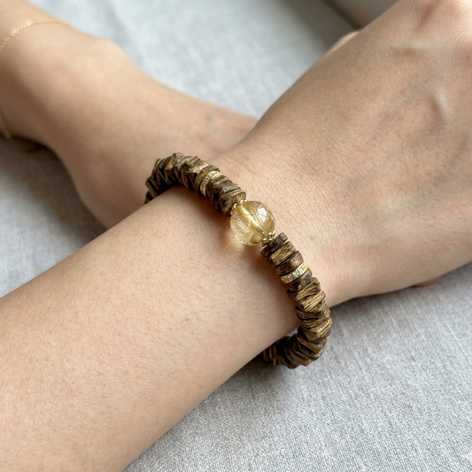 Agarwood, Golden Rutilated Quartz & S925 Silver Bracelet - Wealth & Grounding