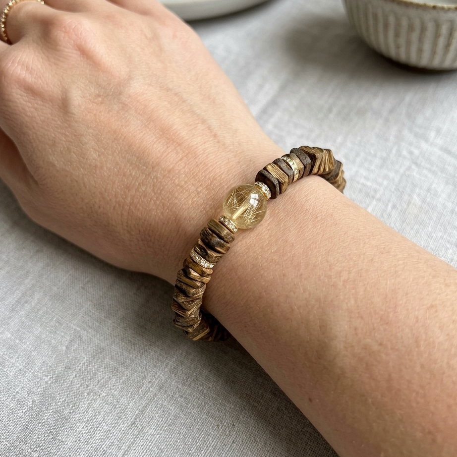 Agarwood, Golden Rutilated Quartz & S925 Silver Bracelet - Wealth & Grounding