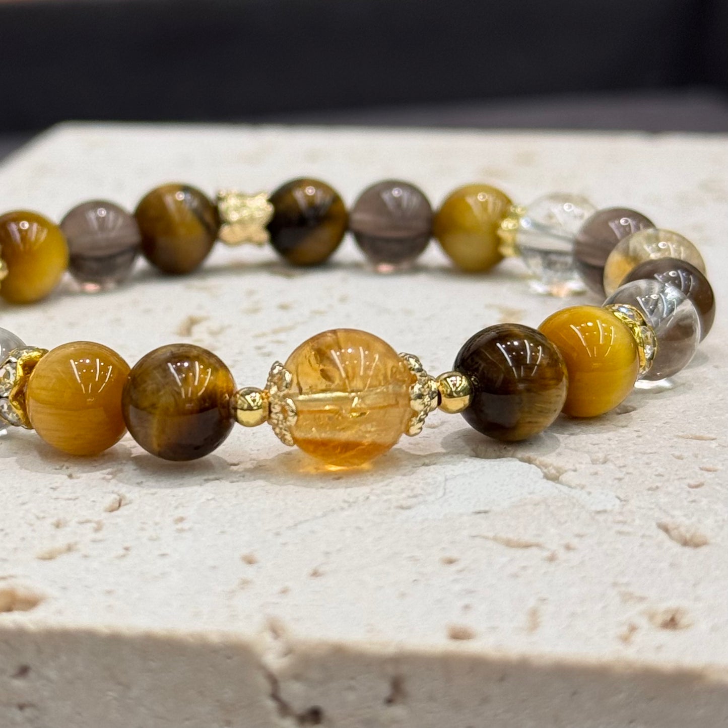 Citrine, Yellow & Golden Tiger’s Eye, Clear Quartz & Ice Obsidian Bracelet -  Earthlight