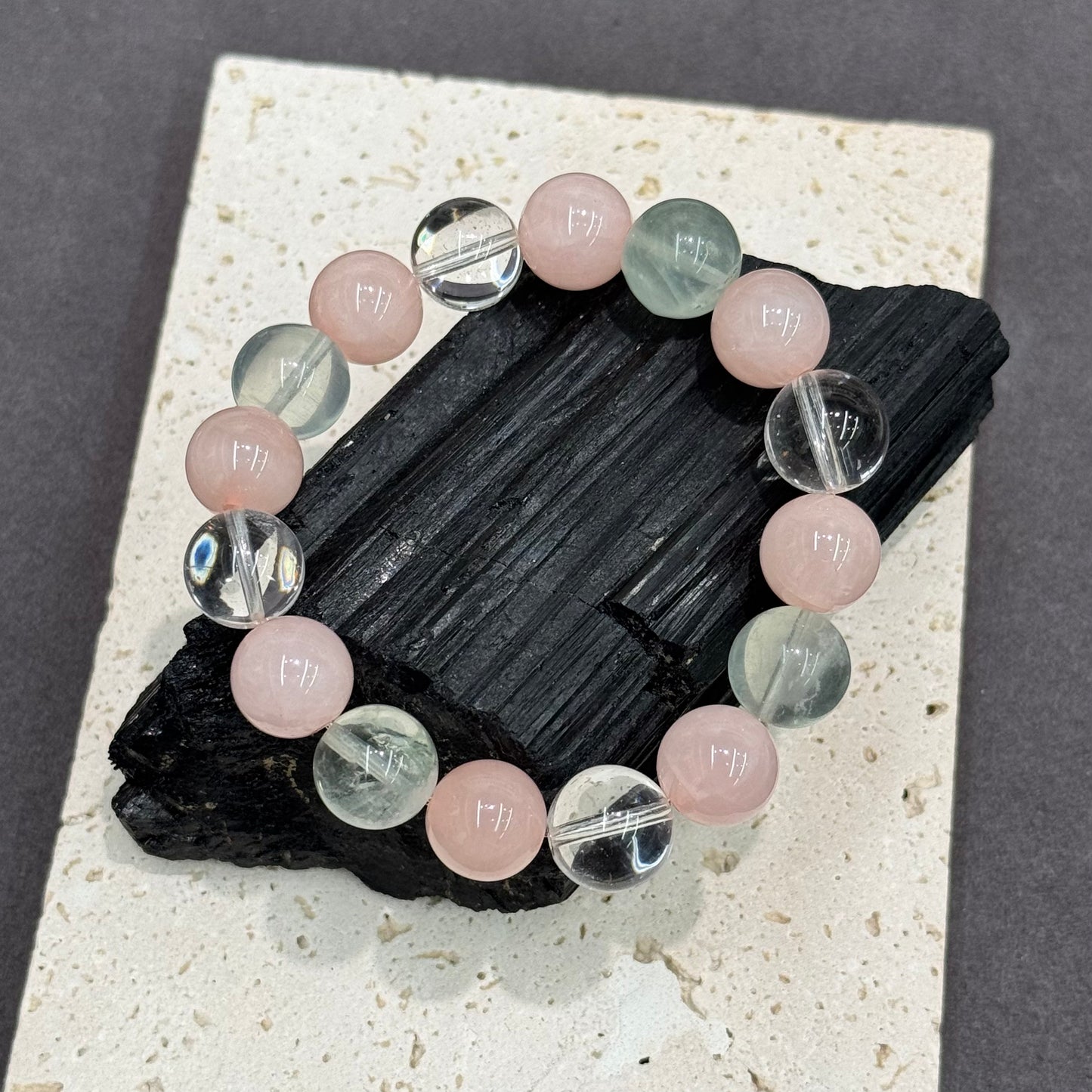 Rose Quartz, Green Fluorite & Clear Quartz Bracelet - Sakura Spring