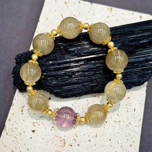 Golden Rutilated Quartz & Amethyst Bracelet - Soul of Gold & Violet