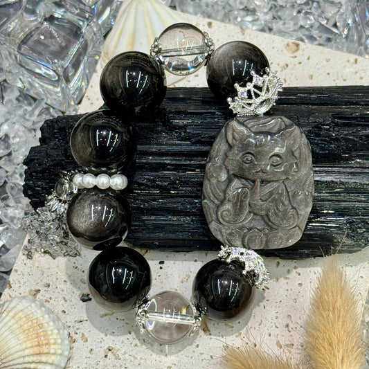 Silver Obsidian Nine-Tail Fox & Clear Quartz Bracelet - Foxlight Guardian