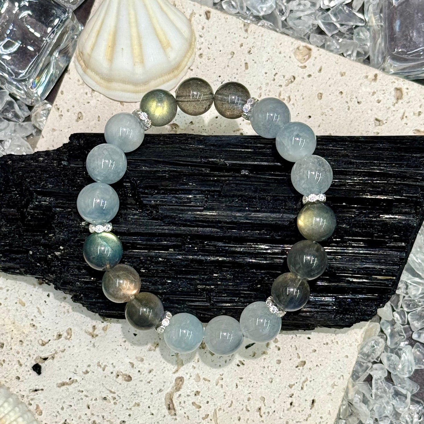 Blue Rabbit Hair Rutilated Quartz & Grey Moonstone Bracelet - Moonlit Whisper