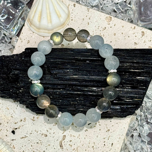 Blue Rabbit Hair Rutilated Quartz & Grey Moonstone Bracelet - Moonlit Whisper