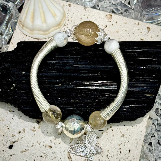Golden Rutilated Quartz, Snow Phantom Quartz & S925 Silver Half-Bangle - Snowland Radiance