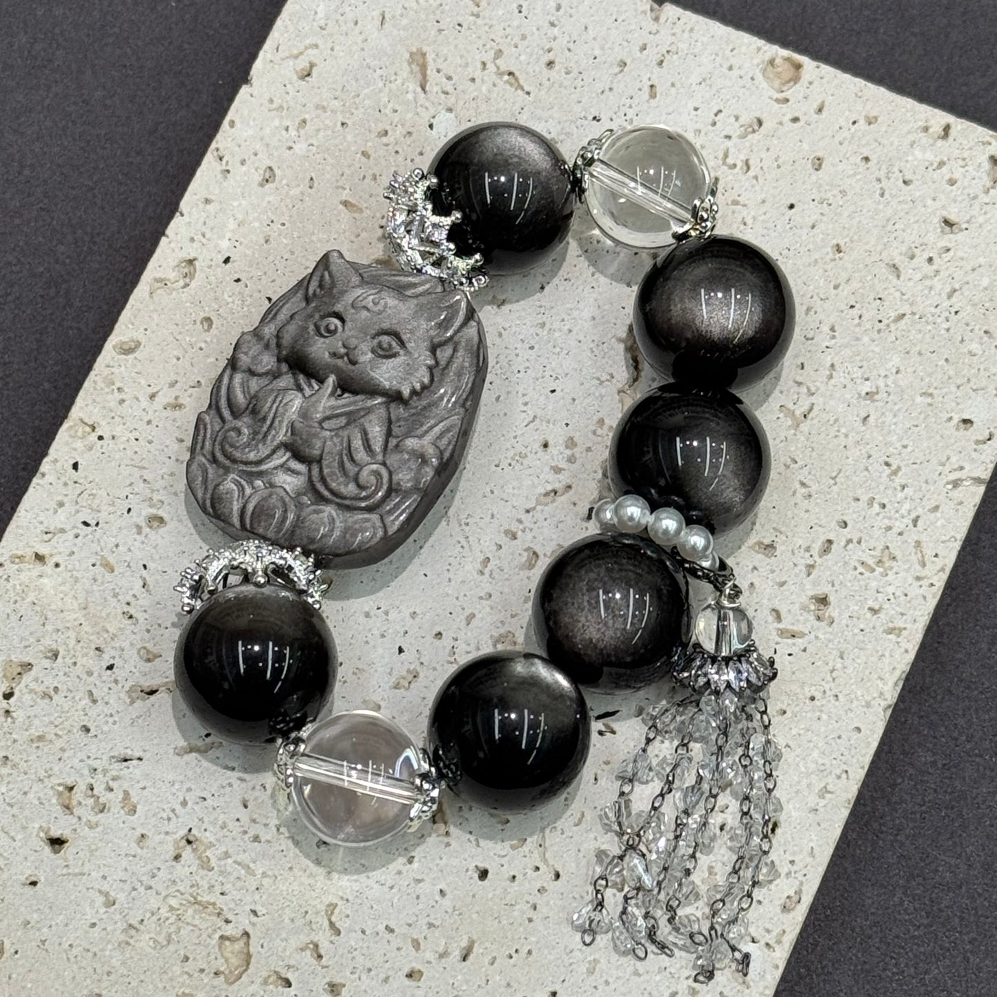 Silver Obsidian Nine-Tail Fox & Clear Quartz Bracelet - Foxlight Guardian