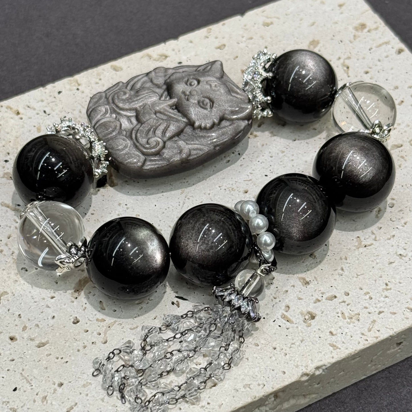 Silver Obsidian Nine-Tail Fox & Clear Quartz Bracelet - Foxlight Guardian