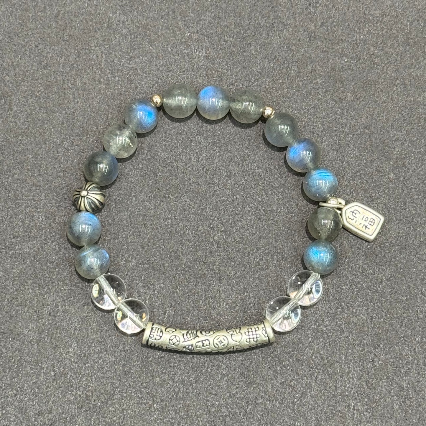 Grey Moonstone, Clear Quartz & 925 Sterling Silver Bracelet - Lunar Clarity