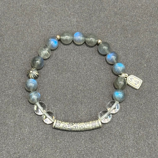 Grey Moonstone, Clear Quartz & 925 Sterling Silver Bracelet - Lunar Clarity