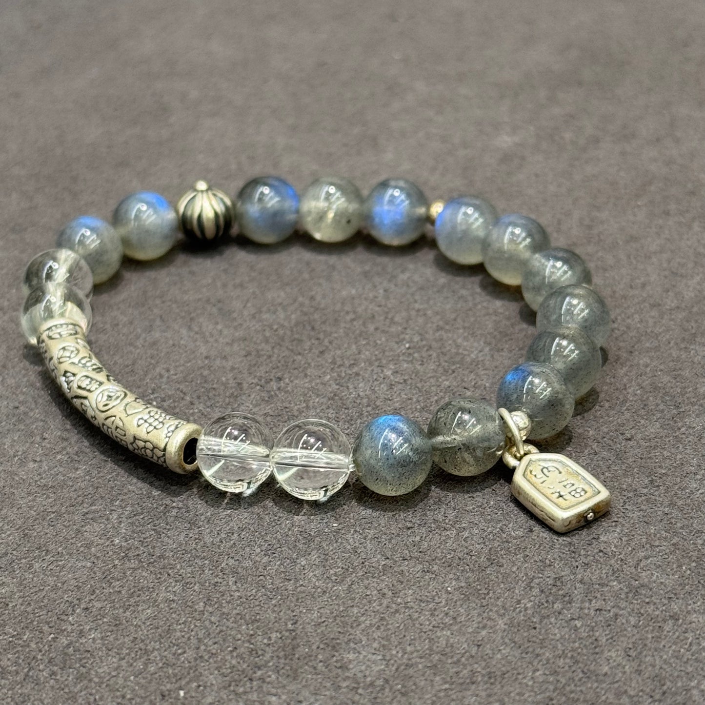 Grey Moonstone, Clear Quartz & 925 Sterling Silver Bracelet - Lunar Clarity
