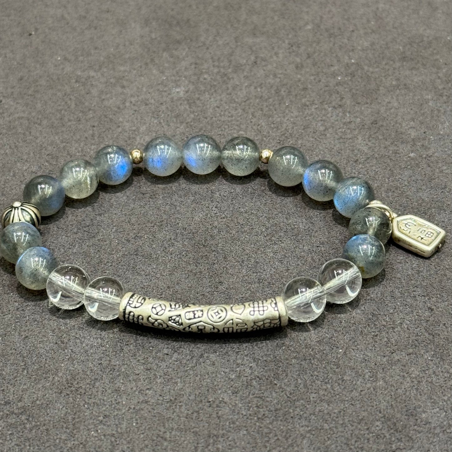 Grey Moonstone, Clear Quartz & 925 Sterling Silver Bracelet - Lunar Clarity