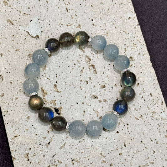 Blue Rabbit Hair Rutilated Quartz & Grey Moonstone Bracelet - Moonlit Whisper