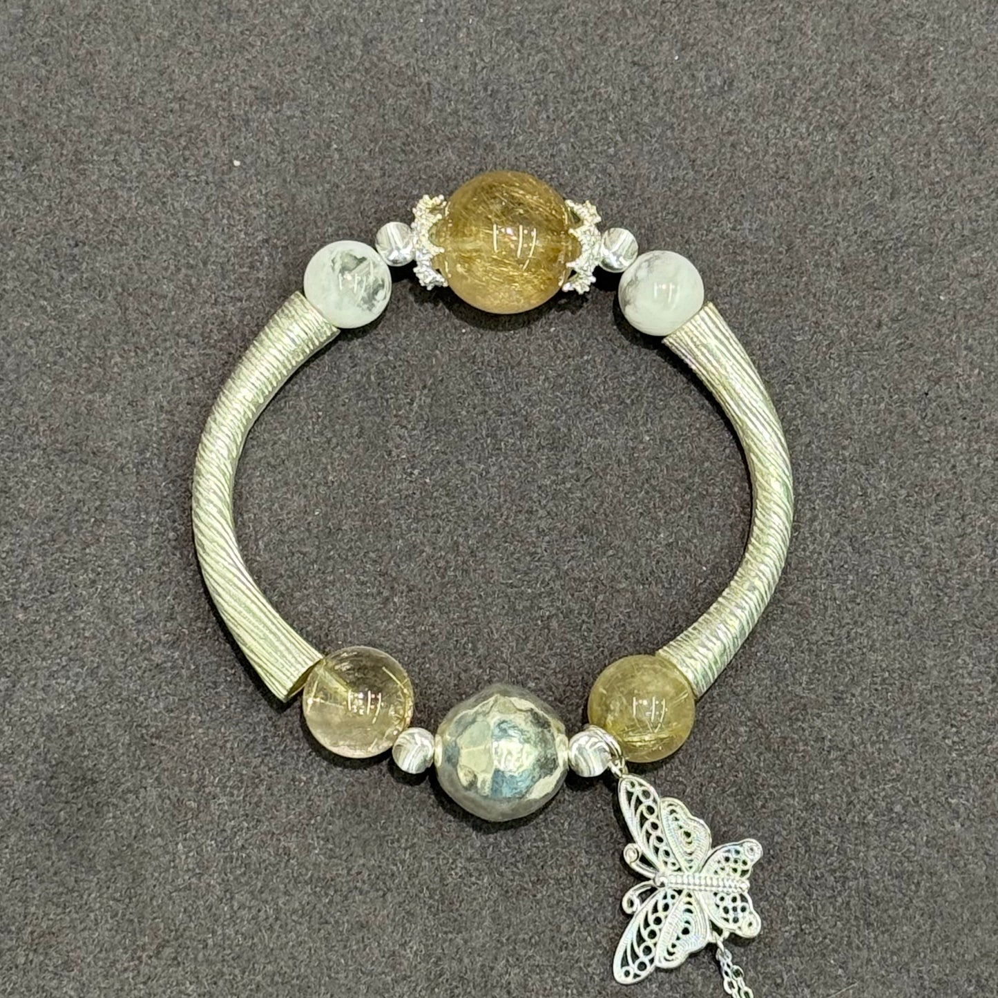 Golden Rutilated Quartz, Snow Phantom Quartz & S925 Silver Half-Bangle - Snowland Radiance