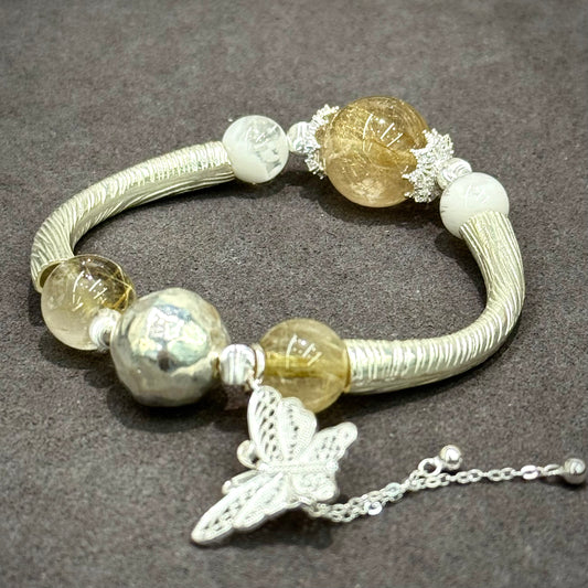 Golden Rutilated Quartz, Snow Phantom Quartz & S925 Silver Half-Bangle - Snowland Radiance