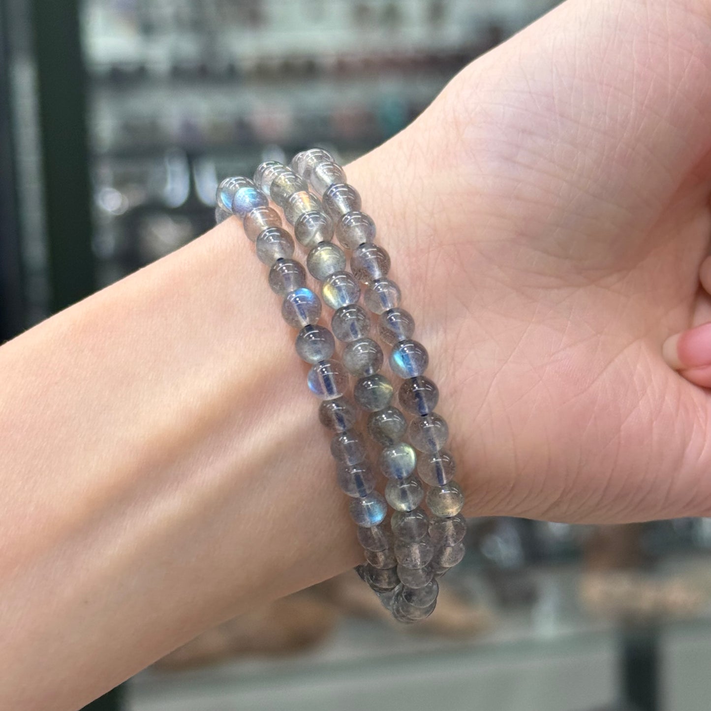 Grey Moonstone Bracelet (Icy-Translucent with Blue and Rainbow Flash) -  Starlit Flow