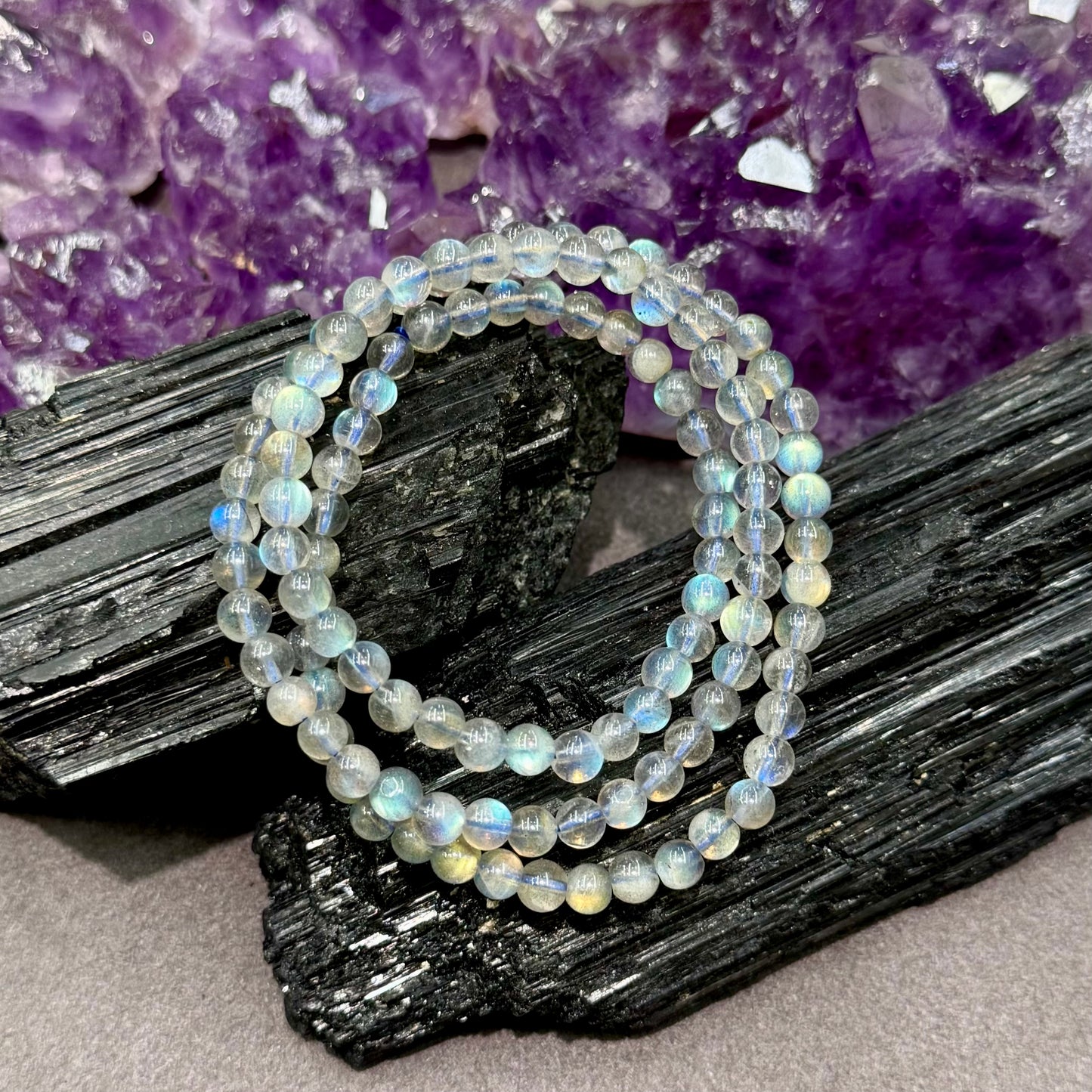 Grey Moonstone Bracelet (Icy-Translucent with Blue and Rainbow Flash) -  Starlit Flow