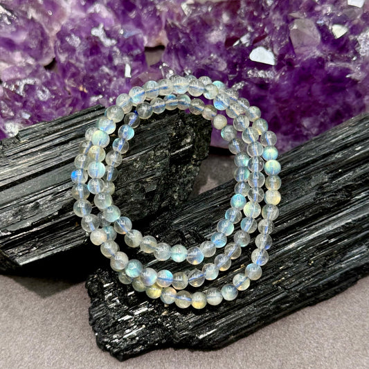 Grey Moonstone Bracelet (Icy-Translucent with Blue and Rainbow Flash) -  Starlit Flow