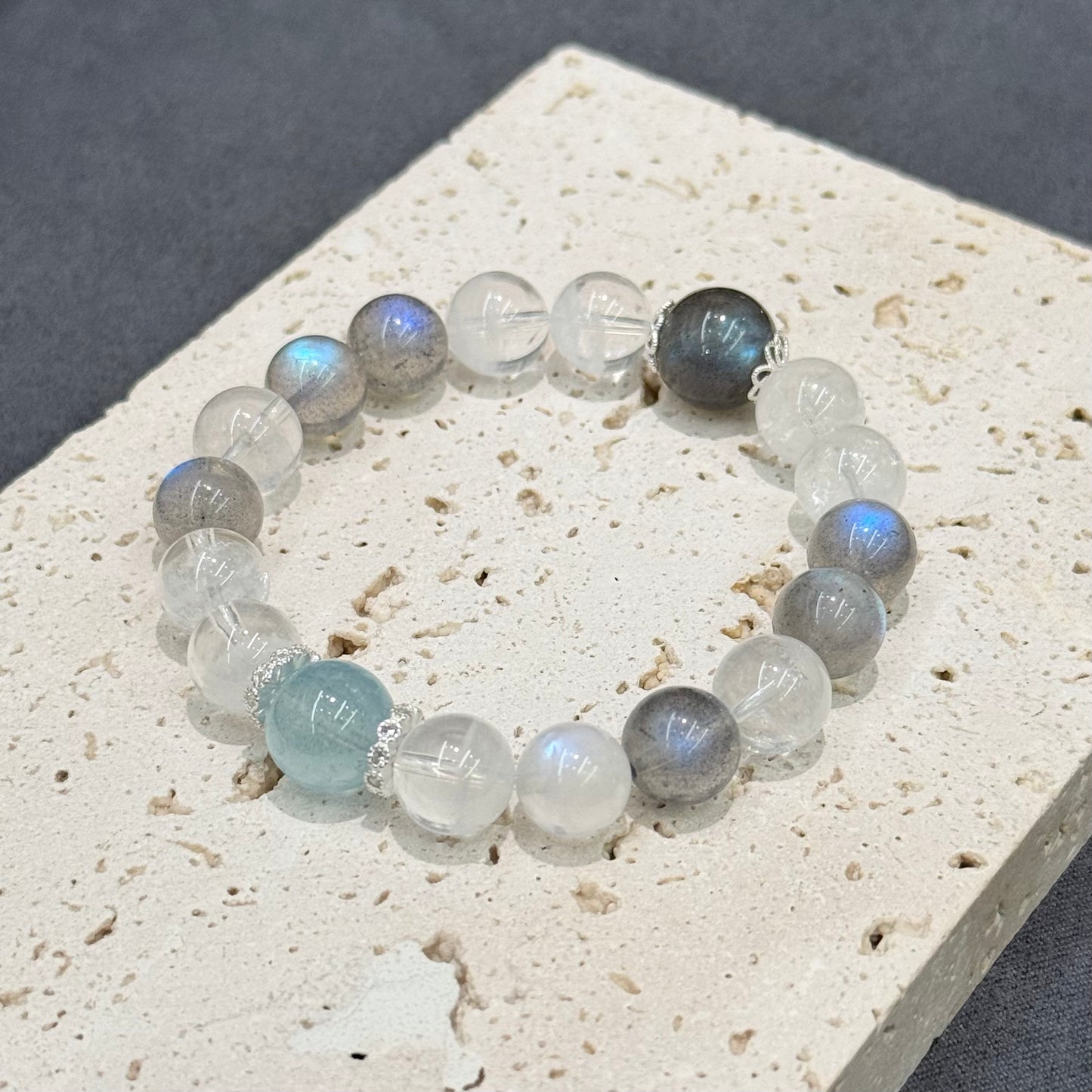 Grey Moonstone, White Phantom, Blue Moonstone & Aquamarine Bracelet - Ocean Veil