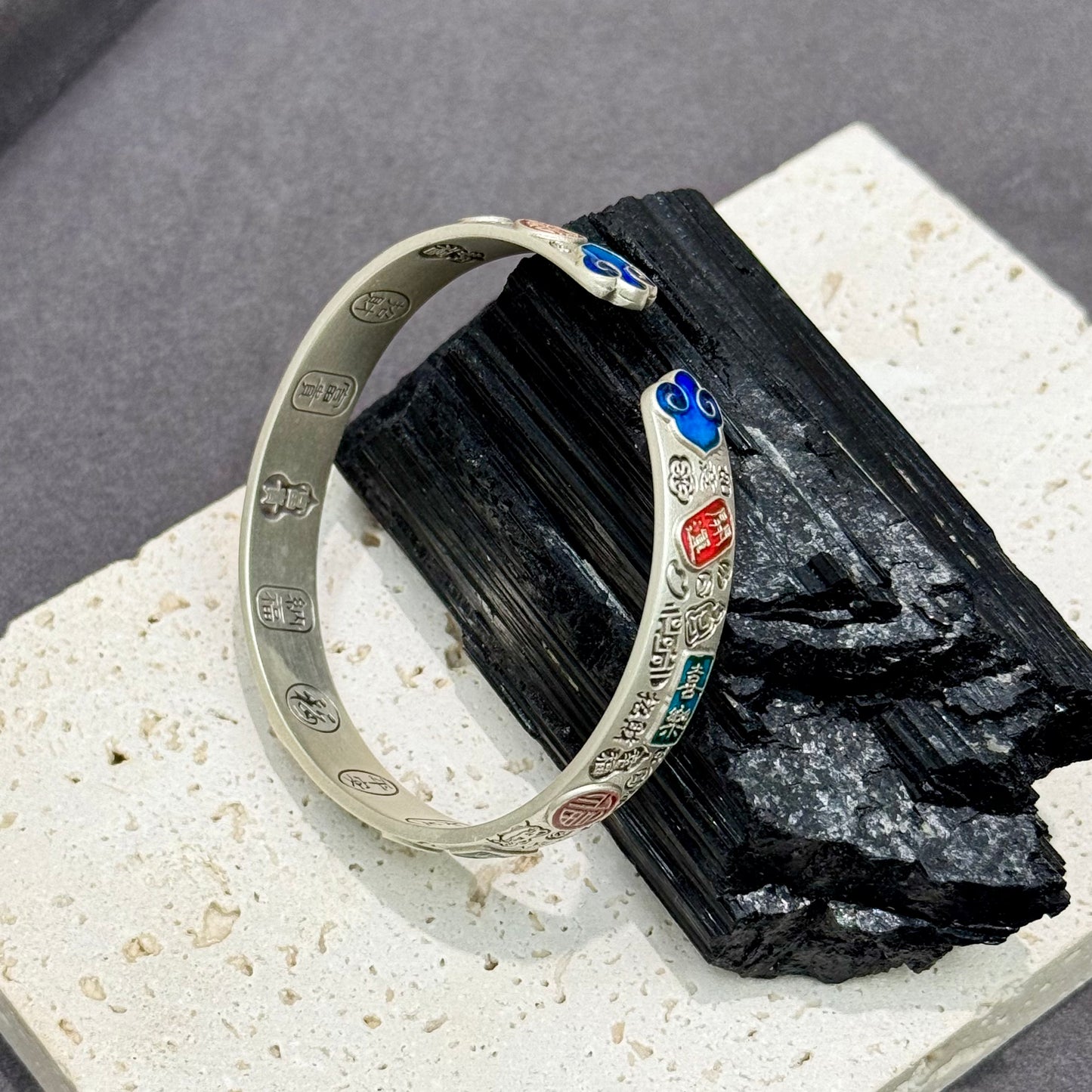 s999 Silver Five Blessings Enamel Cloud Bangle