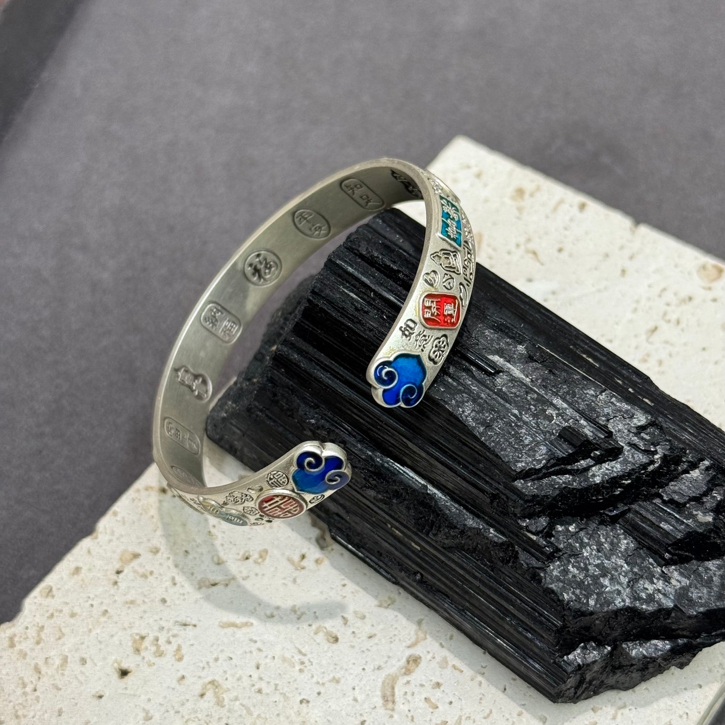 s999 Silver Five Blessings Enamel Cloud Bangle