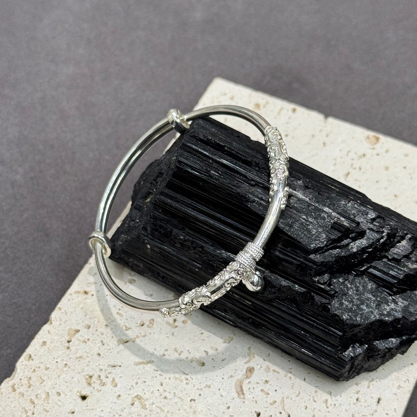 s999 Silver Lotus & Cloud Adjustable Silver Bangle