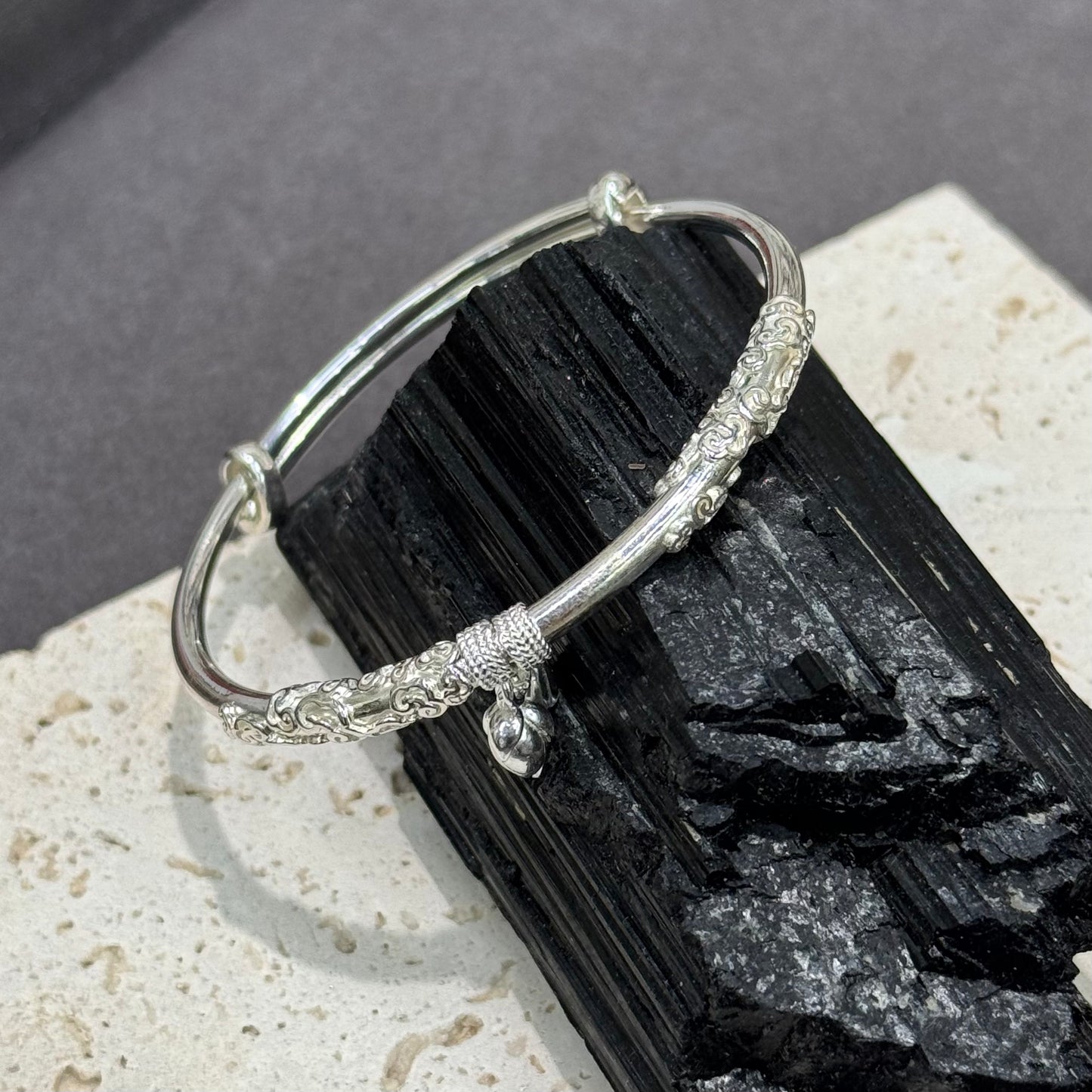 s999 Silver Lotus & Cloud Adjustable Silver Bangle