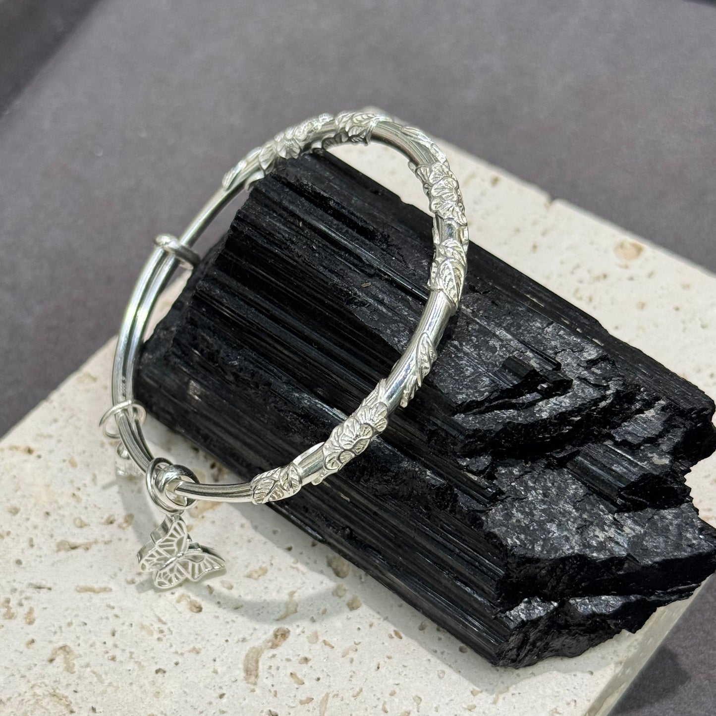 s999 Silver Butterfly & Bell with Fortune Flowers Adjustabl Bangle