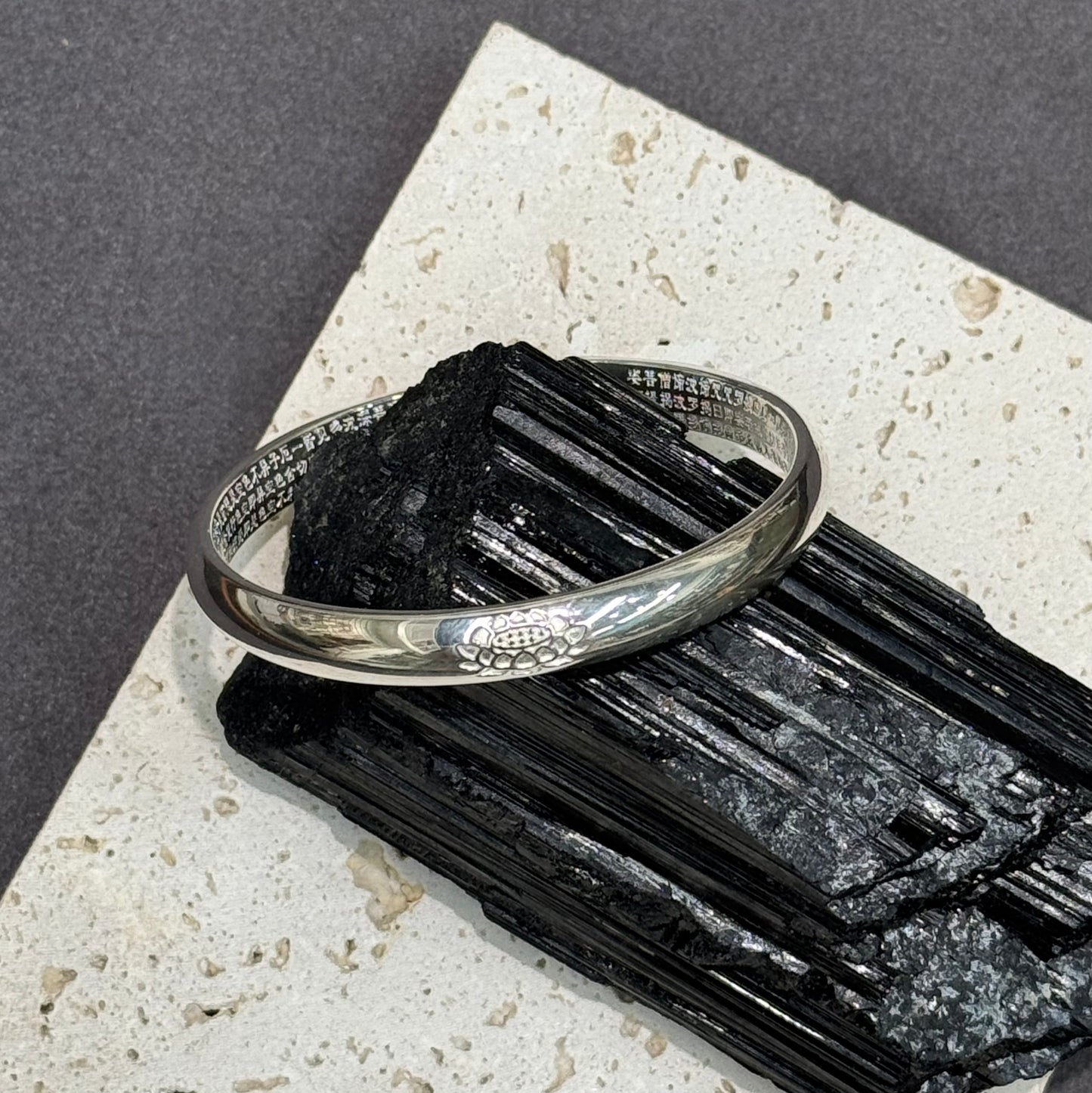 s999 Lotus Bloom & Heart Sutra Engraved Silver Bangle