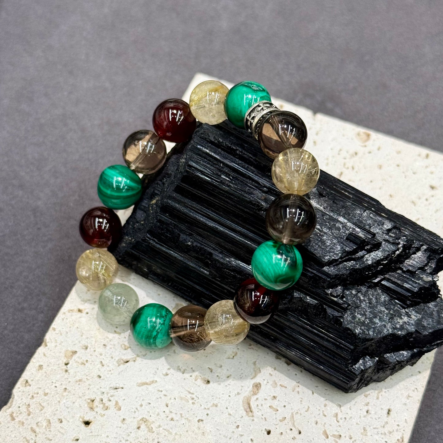 Malachite, Golden Rutilated Quartz, Smoky Quartz, Garnet & Green Phantom Quartz Bracelet - Tea & Zen Incense