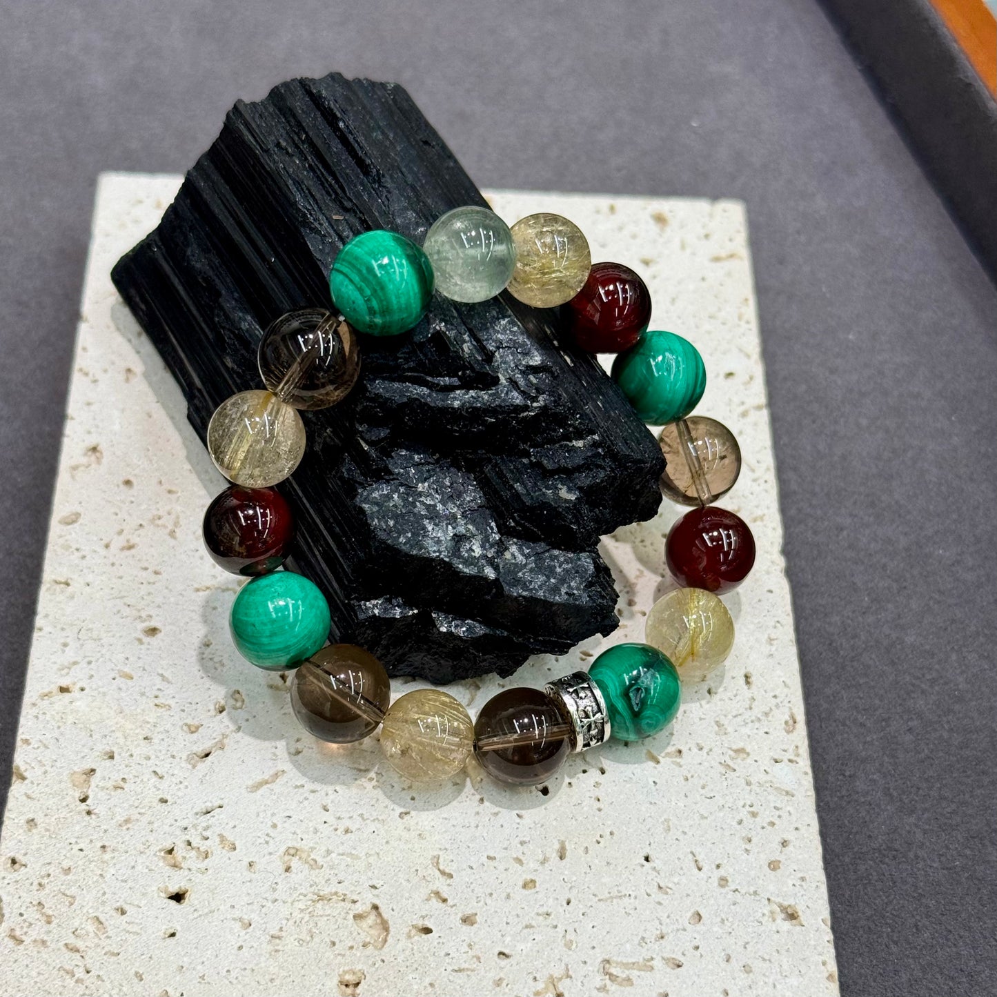 Malachite, Golden Rutilated Quartz, Smoky Quartz, Garnet & Green Phantom Quartz Bracelet - Tea & Zen Incense