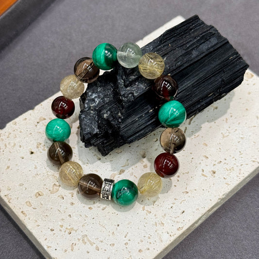 Malachite, Golden Rutilated Quartz, Smoky Quartz, Garnet & Green Phantom Quartz Bracelet - Tea & Zen Incense
