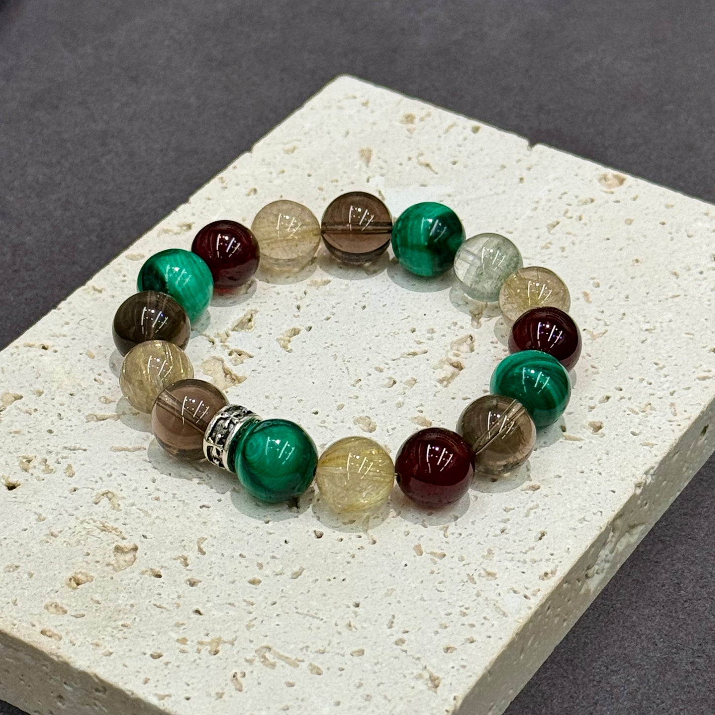 Malachite, Golden Rutilated Quartz, Smoky Quartz, Garnet & Green Phantom Quartz Bracelet - Tea & Zen Incense
