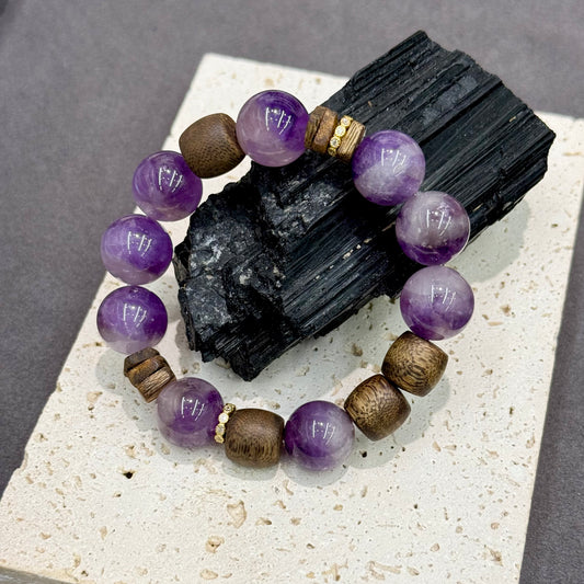 Amethyst & Agarwood Bracelet - Golden Tranquility
