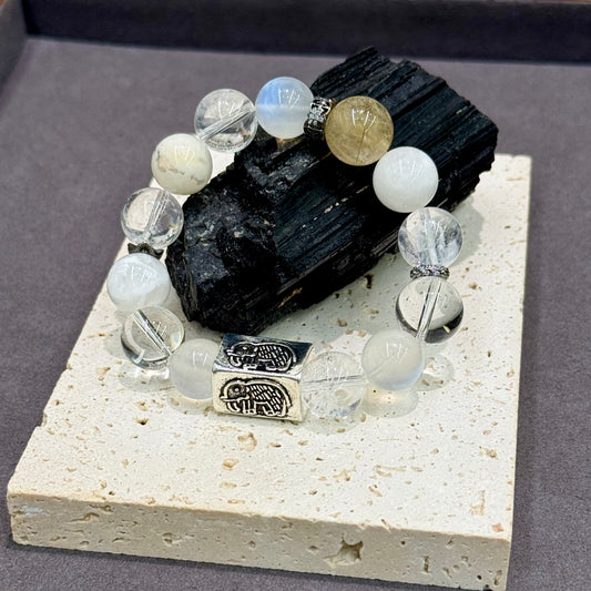Golden Rutilated, Snow Phantom, Clear Quartz & Blue Moonstone Bracelet - Celestial Prosperity