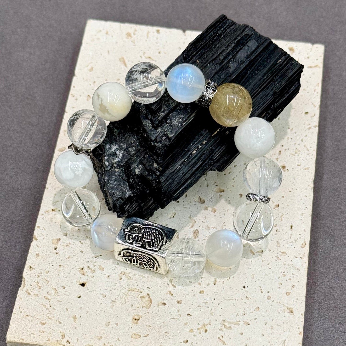 Golden Rutilated, Snow Phantom, Clear Quartz & Blue Moonstone Bracelet - Celestial Prosperity