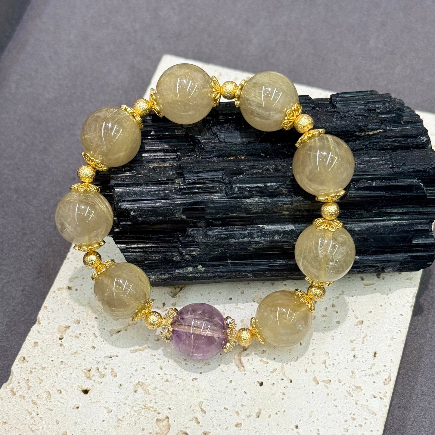 Golden Rutilated Quartz & Amethyst Bracelet - Golden Hour