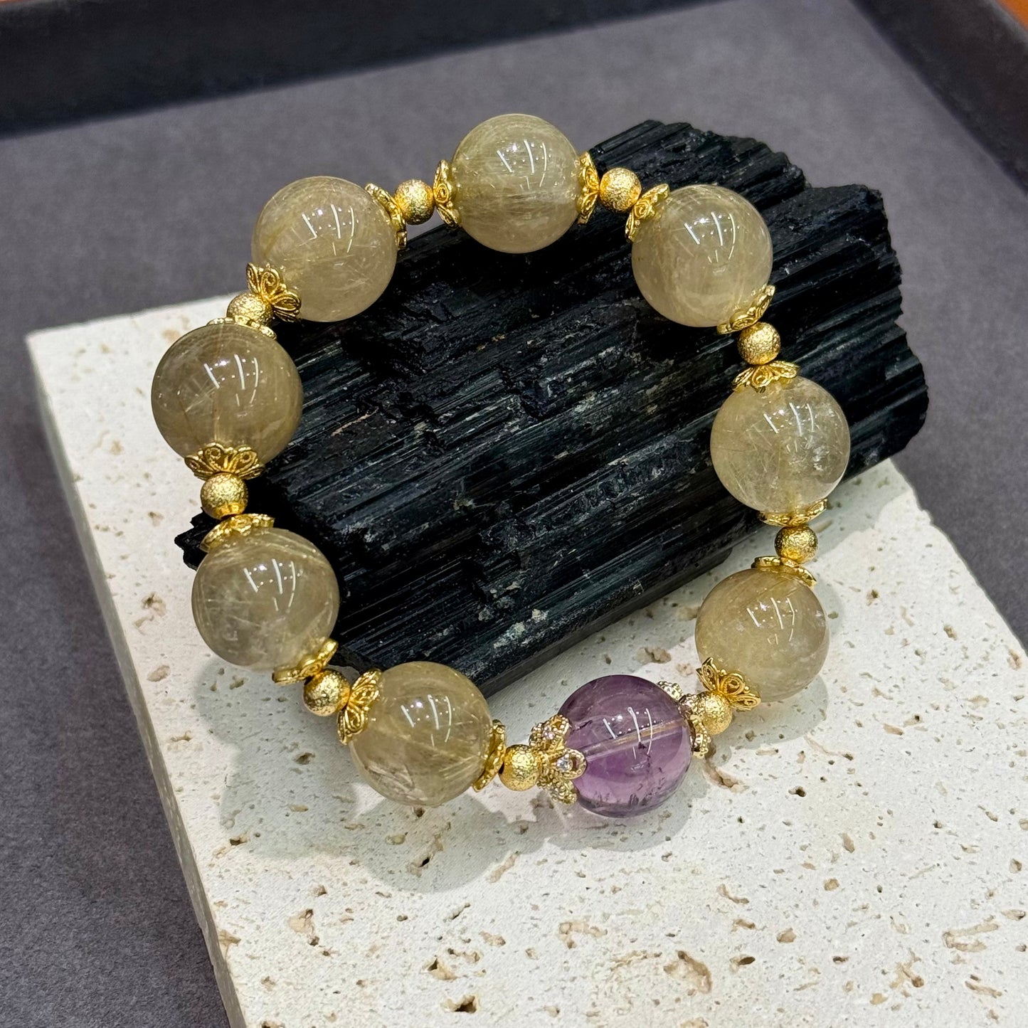 Golden Rutilated Quartz & Amethyst Bracelet - Golden Hour