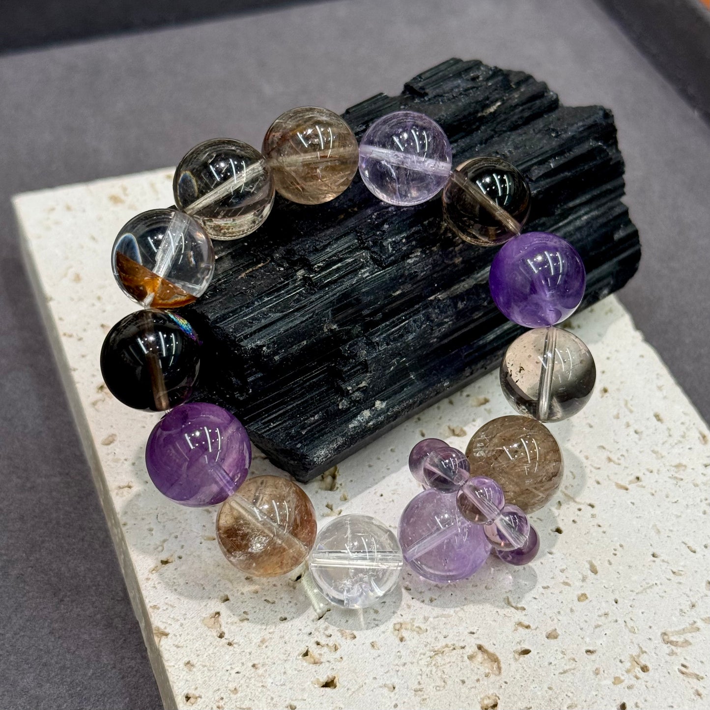 Tourmalinated Quartz, Amethyst, Herkimer Quartz & Multi-Gem Bracelet - Flash Phantom