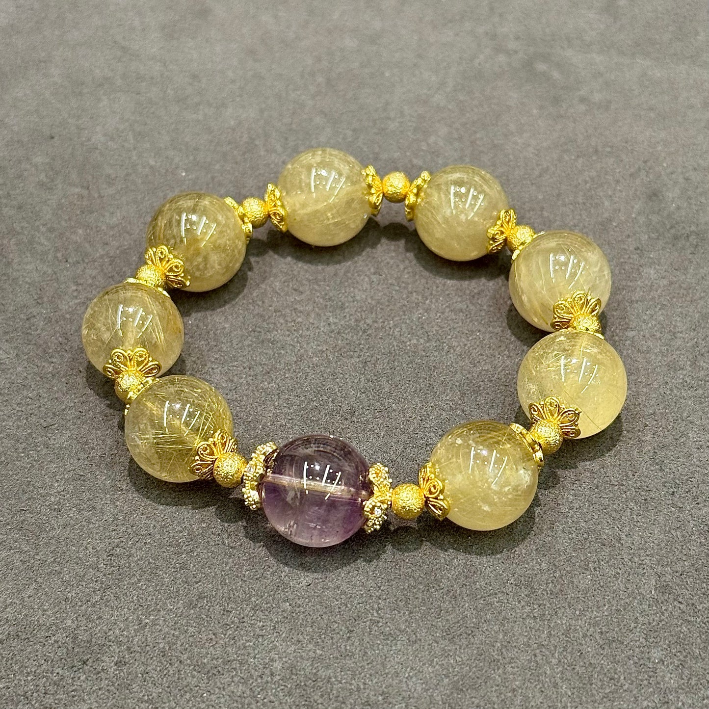 Golden Rutilated Quartz & Amethyst Bracelet - Golden Hour