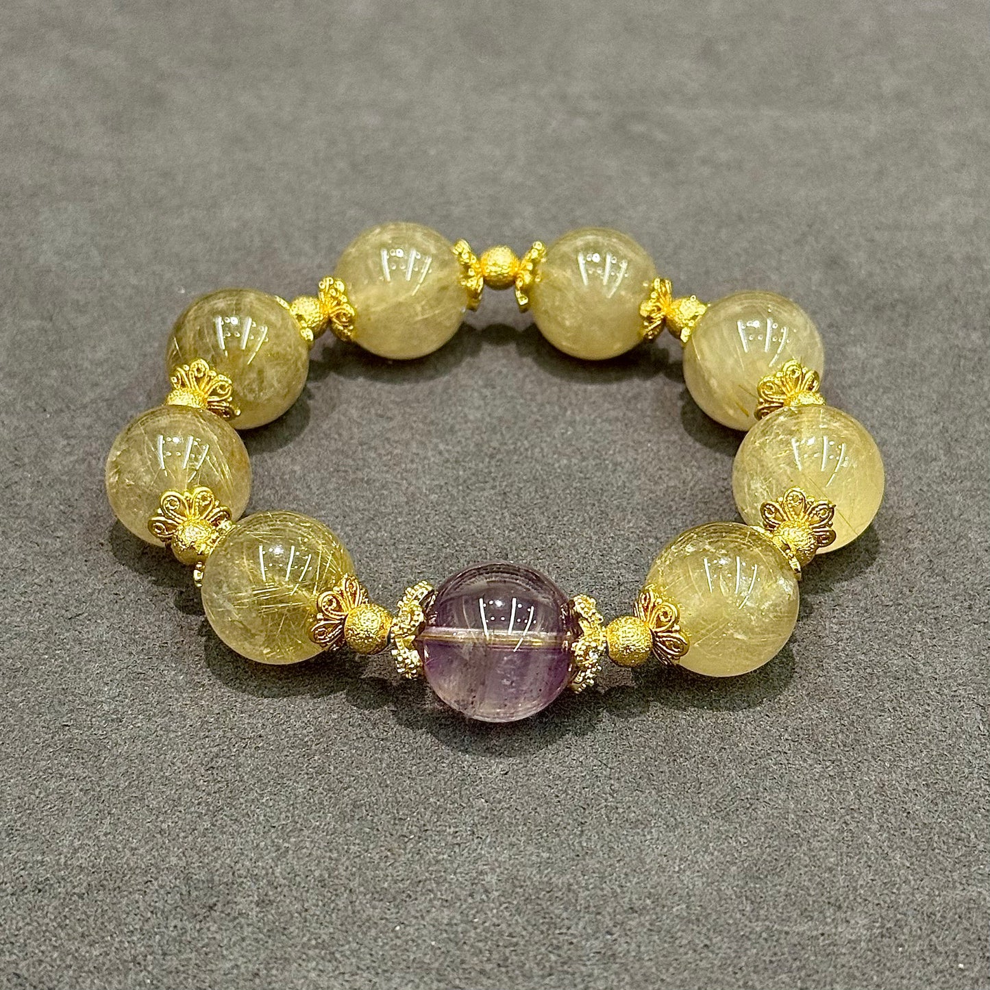 Golden Rutilated Quartz & Amethyst Bracelet - Golden Hour