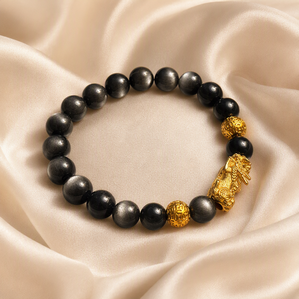 Silver Sheen Obsidian Pixiu & Gold Ball Bracelet 银曜石 貔貅 招财守护 - Silver Fortune 银曜守财