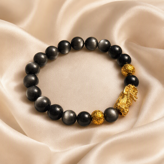 Silver Sheen Obsidian Pixiu & Gold Ball Bracelet 银曜石 貔貅 招财守护 - Silver Fortune 银曜守财